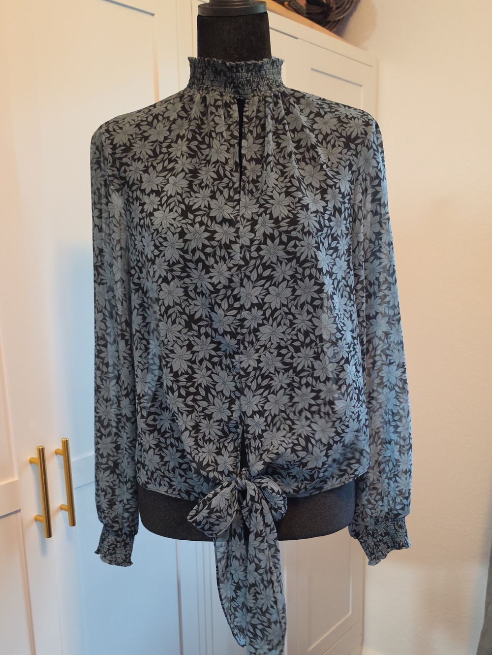 1. State Black & Light Blue Floral Tie-Hem Long Sleeve Blouse